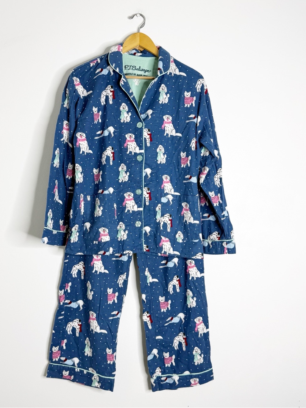 PJ Salvage Dog Print Pajama Set Size Medium Blue Two Piece